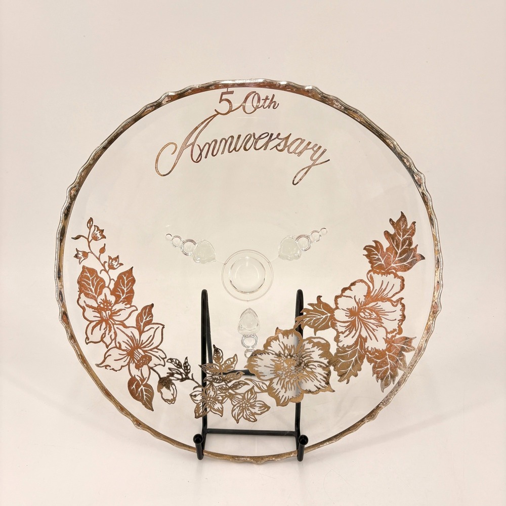 Vintage 50th Anniversary Glass Cake Stand Silver Floral Scalloped 11 Inch Plate